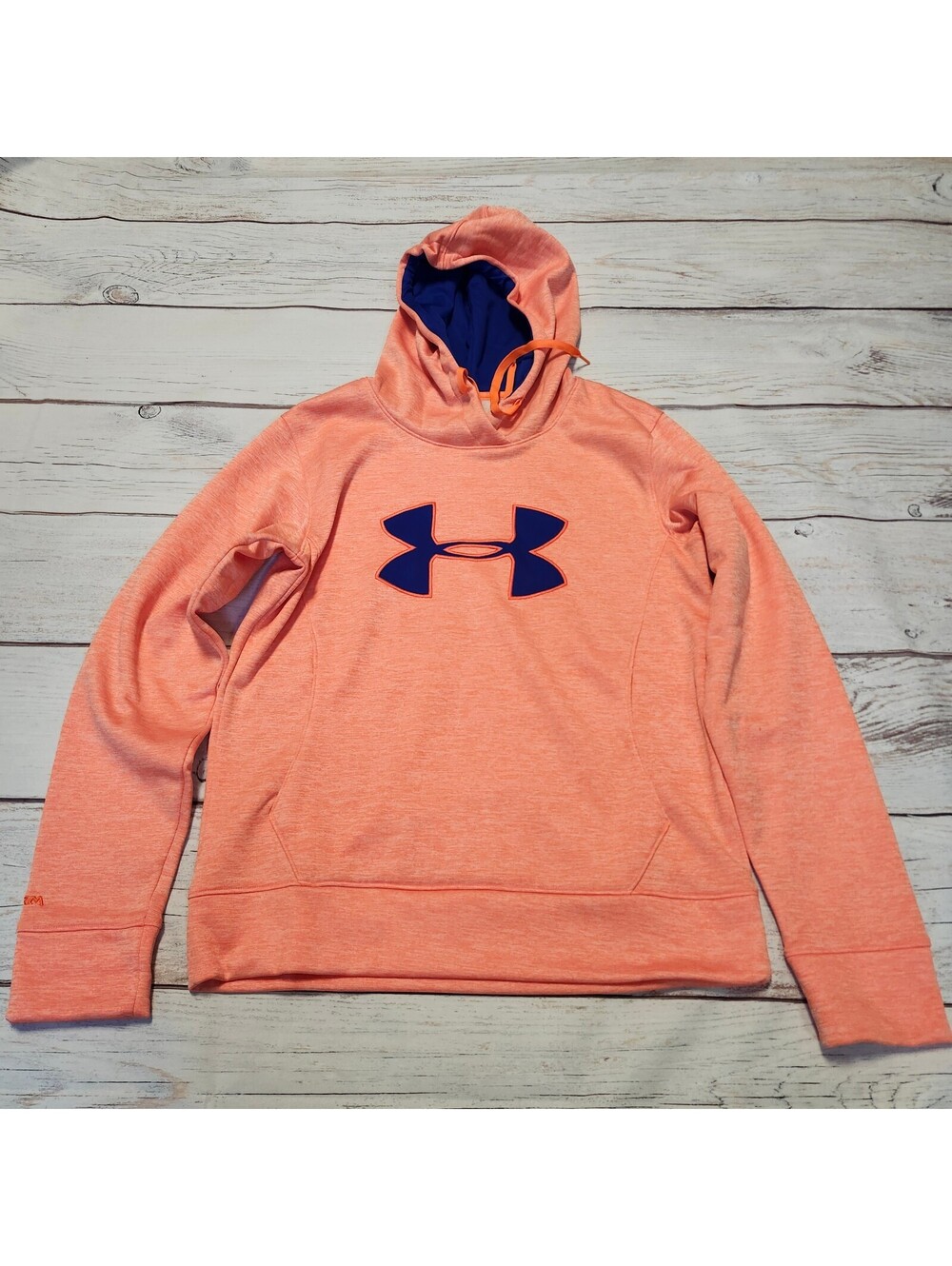 Under Armour Men's Semi-Fitted Hoodie Sweatshirt Medium Orange with Blue Logo